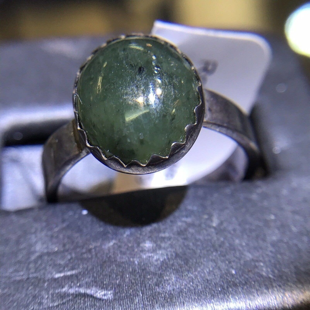 Green Agate (Natural) Ring Round Sz7 Bezel Set Silver 925 Design Band